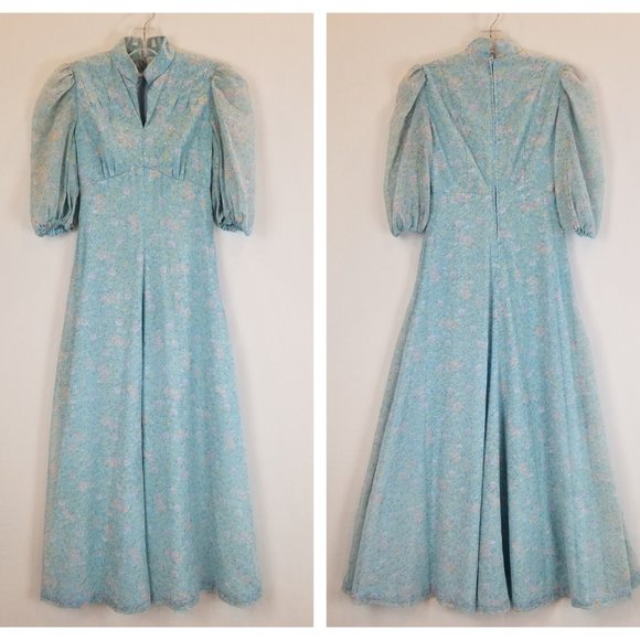 Vintage 60s Dusty Blue Floral Summer Maxi Dress Sz XS - Picture 1 of 8